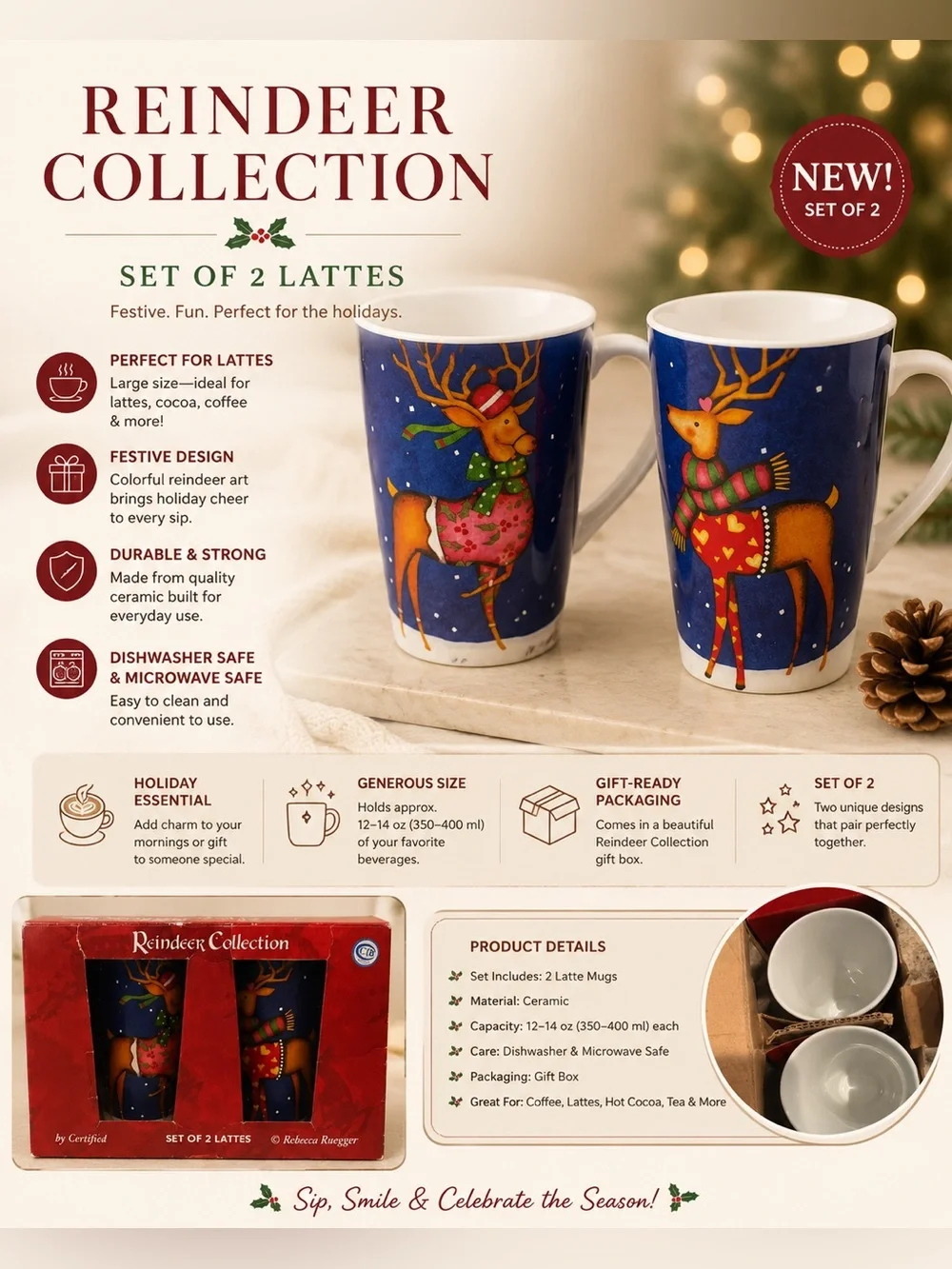 Set of 2 Reindeer Collection Holiday Latte Mugs - Blue & Multicolor